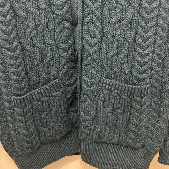 ARAN CRAFTS BLUE GREEN MERINO WOOL CABLE KNIT BUTTON UP V-NECK CARDIGAN SWEATER - Picture 5 of 7